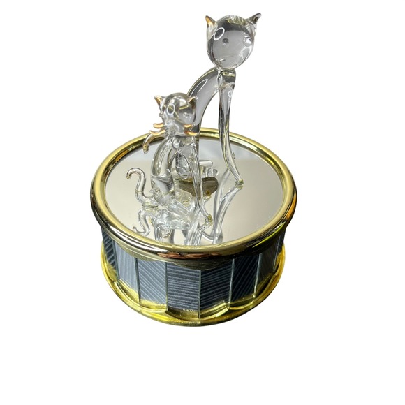 Unbranded Other - Vintage Music Box Rotating Glass Cats Figurine Mirrored Gold Tone Base Clear